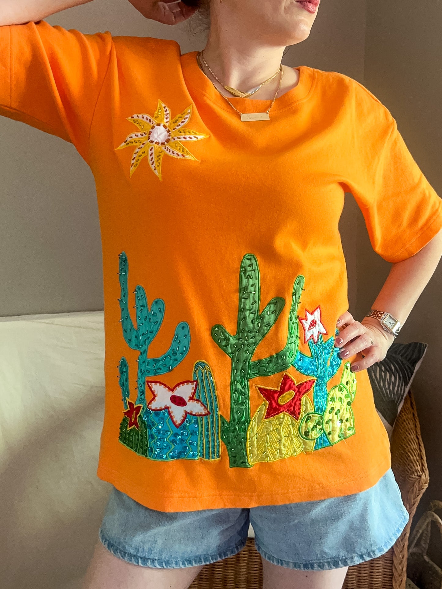 Vintage Cactus Applique Embellished Tee  - approx Size 10-16