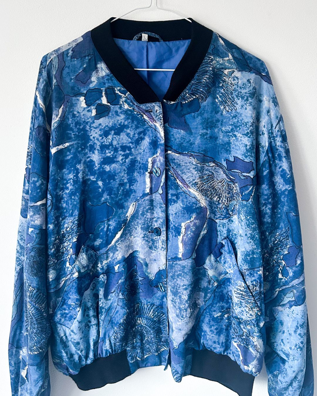 Vintage Blue Abstract Print Bomber Jacket, approx Size 10-16