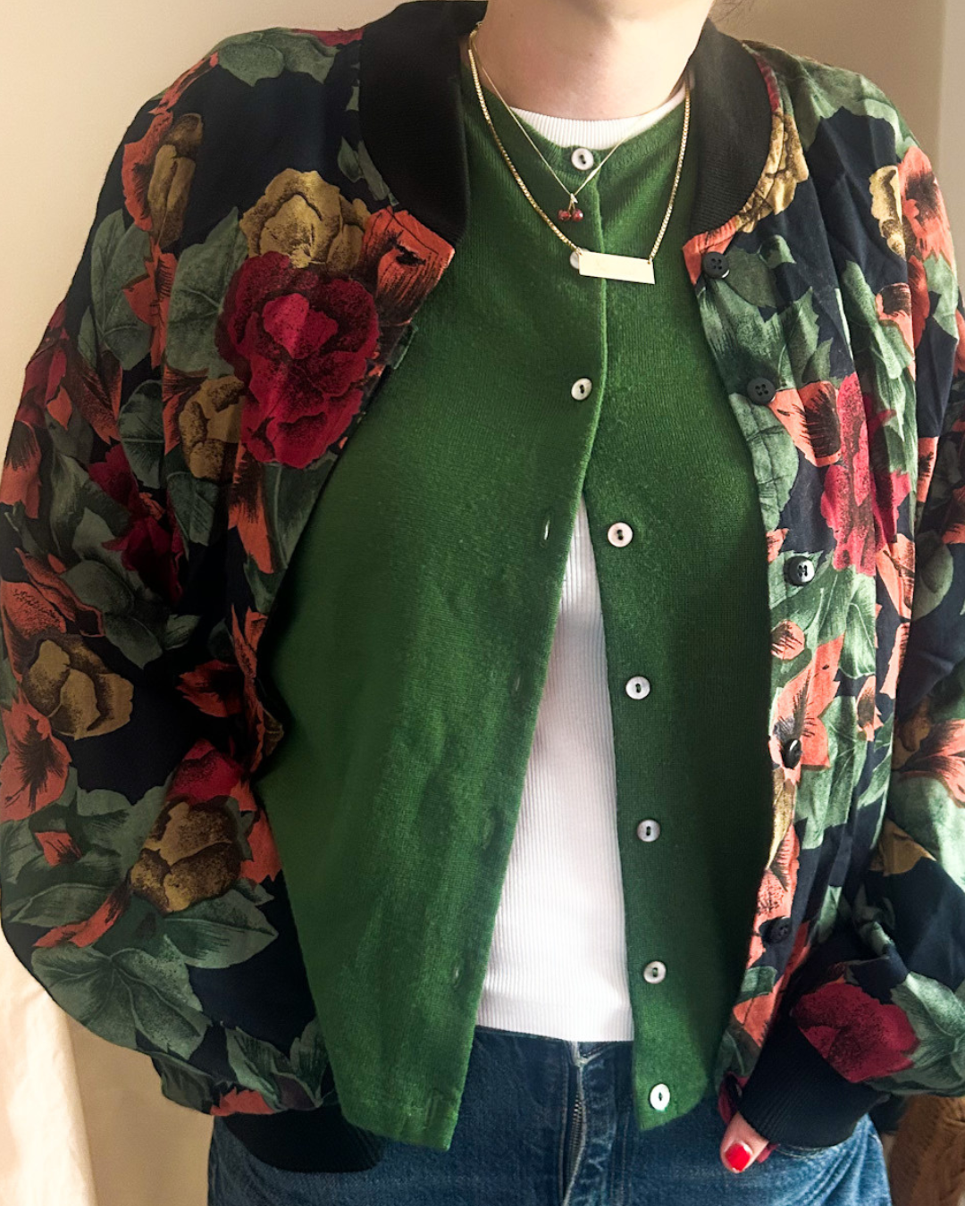 Vintage 80s Flower & Leaf Print Bomber Jacket, approx Size 8-14